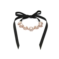 Mode Choker halsband, Zink Alloy, med ABS plast pärla & Satin Ribbon, platina pläterad, med strass, leda & kadmiumfri, 160mm, Såld Per Ca 45.5 inch Strand