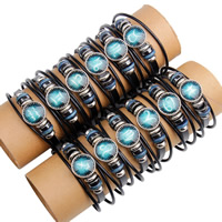 Unisex Bracelet, Cowhide, with Epoxy Sticker & Hematite & Wood & Tibetan Style, platinum color plated, with constellation symbols & different designs for choice & 3-strand, 50mm, Sold Per Approx 8.6 Inch Strand