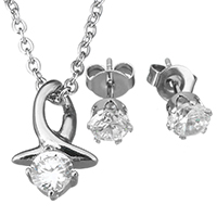 Cubic Zirconia Stainless Steel Jewelry Sets, earring & necklace, oval chain & for woman & with cubic zirconia, original color, 9x13mm, 1.5mm, 5mm, Length:Approx 18 Inch, Sold By Set