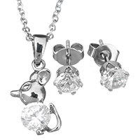 Cubic Zirconia Stainless Steel Jewelry Sets, earring & necklace, Animal, oval chain & for woman & with cubic zirconia, original color, 10x18mm, 1.5mm, 5mm, Length:Approx 18 Inch, Sold By Set