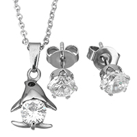 Cubic Zirconia Stainless Steel Jewelry Sets, earring & necklace, Penguin, oval chain & for woman & with cubic zirconia, original color, 11x15mm, 1.5mm, 5mm, Length:Approx 18 Inch, Sold By Set