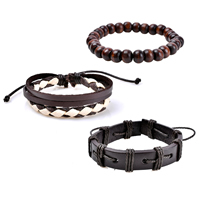 PU Leather Bracelet Set with Waxed Linen Cord & Wood Unisex & adjustable Length Approx 6.5 Inch Sold By Set