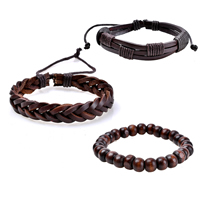 PU Leather Bracelet Set, with Waxed Linen Cord & Wood, Unisex & adjustable, 55x60x55mm, Length:Approx 6.5 Inch, 3Strands/Set, Sold By Set
