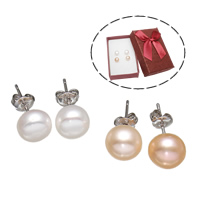 Freshwater Pearl Earrings, Brass, with paper box & Freshwater Pearl, platinum color plated, natural, mixed colors, nickel, lead & cadmium free, 8-9mm, 2Pairs/Box, Sold By Box