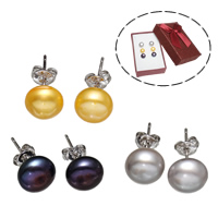 Freshwater Pearl Earrings, Brass, with paper box & Freshwater Pearl, platinum color plated, mixed colors, nickel, lead & cadmium free, 8-9mm, 3Pairs/Box, Sold By Box