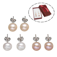 Freshwater Pearl Earrings, Brass, with paper box & Freshwater Pearl, platinum color plated, natural, mixed colors, nickel, lead & cadmium free, 8-9mm, 3Pairs/Box, Sold By Box