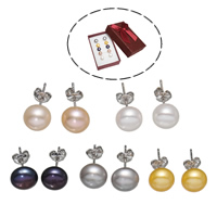 Freshwater Pearl Earrings, Brass, with paper box & Freshwater Pearl, platinum color plated, mixed colors, nickel, lead & cadmium free, 8-9mm, 5Pairs/Box, Sold By Box