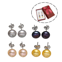 Freshwater Pearl Earrings, Brass, with paper box & Freshwater Pearl, platinum color plated, mixed colors, nickel, lead & cadmium free, 8-9mm, 4Pairs/Box, Sold By Box