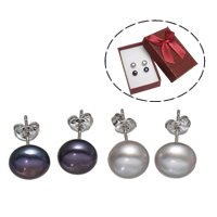 Freshwater Pearl Earrings, Brass, with paper box & Freshwater Pearl, platinum color plated, mixed colors, nickel, lead & cadmium free, 8-9mm, 2Pairs/Box, Sold By Box