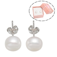 Freshwater Pearl Earrings, Brass, with paper box & Freshwater Pearl, platinum color plated, nickel, lead & cadmium free, 8-9mm, Sold By Pair