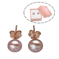 Freshwater Pearl Earrings Brass with paper box & Freshwater Pearl rose gold color plated natural nickel lead & cadmium free 7-7.5mm Sold By Pair