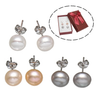 Freshwater Pearl Earrings, Brass, with paper box & Freshwater Pearl, platinum color plated, mixed colors, nickel, lead & cadmium free, 8-9mm, 3Pairs/Box, Sold By Box