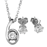 Cubic Zirconia Stainless Steel Jewelry Sets, earring & necklace, Number 6, oval chain & for woman & with cubic zirconia, original color, 7x14.5mm, 1.5mm, 5mm, Length:Approx 18 Inch, Sold By Set