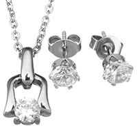 Cubic Zirconia Stainless Steel Jewelry Sets, earring & necklace, oval chain & for woman & with cubic zirconia, original color, 9x15mm, 1.5mm, 5mm, Length:Approx 18 Inch, Sold By Set