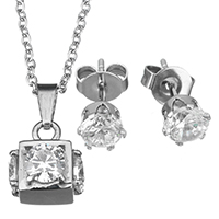 Cubic Zirconia Stainless Steel Jewelry Sets, earring & necklace, oval chain & for woman & with cubic zirconia, original color, 10x11mm, 1.5mm, 5mm, Length:Approx 18 Inch, Sold By Set