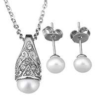 Cubic Zirconia Stainless Steel Jewelry Sets, earring & necklace, with Glass Pearl, oval chain & micro pave cubic zirconia & for woman, original color, 8.5x18.5mm, 1.5mm, 6mm, Length:Approx 18 Inch, Sold By Set