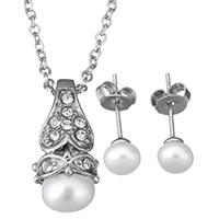 Cubic Zirconia Stainless Steel Jewelry Sets, earring & necklace, with Glass Pearl, oval chain & micro pave cubic zirconia & for woman, original color, 7.5x18.5mm, 1.5mm, 6.5mm, Length:Approx 18 Inch, Sold By Set