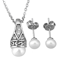 Cubic Zirconia Stainless Steel Jewelry Sets earring & necklace with Glass Pearl oval chain & micro pave cubic zirconia & for woman original color 1.5mm 5.5mm Length Approx 18 Inch Sold By Set