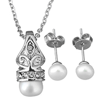 Cubic Zirconia Stainless Steel Jewelry Sets earring & necklace with Glass Pearl oval chain & micro pave cubic zirconia & for woman original color 1.5mm 5.5mm Length Approx 18 Inch Sold By Set