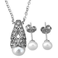 Cubic Zirconia Stainless Steel Jewelry Sets, earring & necklace, with Glass Pearl, oval chain & micro pave cubic zirconia & for woman, original color, 7.8x17.8mm, 1.5mm, 5.5mm, Length:Approx 18 Inch, Sold By Set