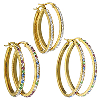 Stainless Steel Hoop Earring, with Rhinestone Clay Pave, gold color plated, different size for choice & for woman, more colors for choice, 5Pairs/Lot, Sold By Lot