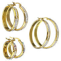 Stainless Steel Hoop Earring with Rhinestone Clay Pave gold color plated & for woman Sold By Lot