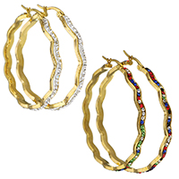 Stainless Steel Hoop Earring with Rhinestone Clay Pave gold color plated & for woman Sold By Lot