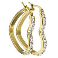 Stainless Steel Hoop Earring, with Rhinestone Clay Pave, Heart, gold color plated, for woman, 32x38mm, 5Pairs/Lot, Sold By Lot