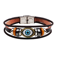 Cowhide Bracelet with Hematite & Wood & Zinc Alloy Evil Eye plated Unisex &  brown Sold Per Approx 8.4 Inch Strand