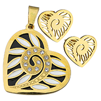 Rhinestone Stainless Steel Jewelry Set, pendant & earring, Heart, gold color plated, for woman & enamel & with rhinestone, Healthy Bracelet, 30x33mm,16x14.5mm, Hole:Approx 4x7mm, Sold By Set