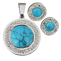 Turquoise Jewelry Sets, pendant & earring, Stainless Steel, with Rhinestone Clay Pave, Flat Round, for woman, original color, 25x28mm,15mm, Hole:Approx 4x7mm, Sold By Set
