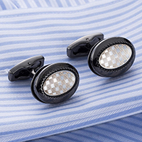 Cufflinks, Brass, Flat Oval, plumbum black color plated, gingham & epoxy gel, nickel, lead & cadmium free, 20x15mm, Sold By Pair