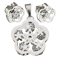 Joyería de acero inoxidable de diamantes de imitación, colgante & pendiente, Flor, para mujer & con diamantes de imitación, color original, 28x28mm,14mm, agujero:aproximado 4x8mm, Vendido por Set