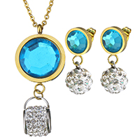 Crystal Jewelry Sets, pendant & earring, Stainless Steel, with Rhinestone Clay Pave Bead & Rhinestone Clay Pave & Crystal, Flower, gold color plated, oval chain & for woman & faceted, 19x44mm,2mm,10x26mm, Length:17 Inch, Sold By Set