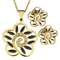 Rhinestone Stainless Steel Jewelry Set earring & necklace Flower gold color plated oval chain & for woman & enamel & with rhinestone 2mm Length 20 Inch Sold By Set
