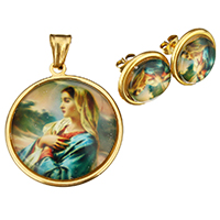 Resin Jewelry Sets, pendant & earring, Stainless Steel, with Resin, Flat Round, gold color plated, for woman, 32x38x8mm, 17mm, Hole:Approx 4x5mm, Sold By Set