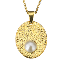 Stainless Steel Jewelry Necklace, with Glass Pearl, Flat Oval, gold color plated, oval chain & for woman, 25x30mm,2mm, Sold Per Approx 17 Inch Strand