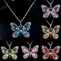 Crystal Necklace, Tibetan Style, with Crystal, Butterfly, platinum color plated, rope chain & for woman & enamel & with rhinestone & hollow, more colors for choice, nickel, lead & cadmium free, 42x57mm, Sold Per Approx 18 Inch Strand