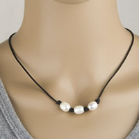 Přírodní Sladkovodní Pearl náhrdelník, Shell Pearl, s hovězí useň šňůra, Rýže, pro ženy, bílý, 445mm, Prodáno za Cca 17.5 inch Strand