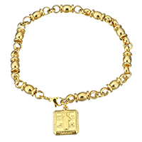 Bijoux bracelet en acier inoxydable, cadre, Placage de couleur d'or, bracelet à breloques & avec crosse modèle & avec le motif de lettre & pour femme, 15x18mm,20x6mm, Vendu par Environ 9 pouce brin