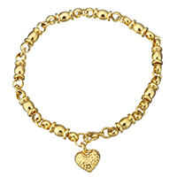 Bijoux bracelet en acier inoxydable, coeur, Placage de couleur d'or, bracelet à breloques & pour femme & martelé, 12x12mm,20x6mm, Vendu par Environ 9 pouce brin
