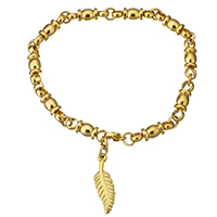 Stainless Steel smycken Armband, ROSTFRITT STÅL, Leaf, guldfärg pläterade, charm armband & för kvinna, 8x26mm,20x6mm, Såld Per Ca 8.5 inch Strand