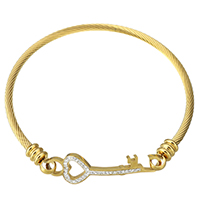 Bracelete de aço inoxidável, with argila, Chave, cromado de cor dourada, para mulher, 38x11mm,3mm, Diametro interno:Aprox 62mm, vendido por PC