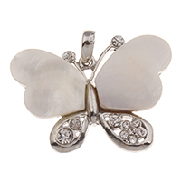 Natural White Shell Pendler, Zinc Alloy, med White Shell, Butterfly, platin farve forgyldt, med rhinestone, bly & cadmium fri, 42x32x5mm, Hole:Ca. 4x6mm, Solgt af PC