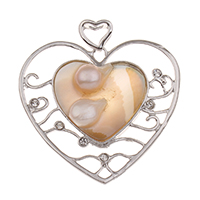 Natural White Shell Pendants, Tibetan Style, with ABS Plastic Pearl & White Shell, Heart, platinum color plated, with rhinestone, lead & cadmium free, 46x44x7mm, Hole:Approx 2x5mm, Sold By PC
