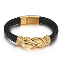 Men Bracelet, Cowhide, with Stainless Steel, gold color plated, braided bracelet & for man, 7.5mm, Sold Per Approx 8.6 Inch Strand