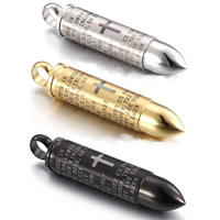 Stainless Steel Bullet Pendant, plated, with cross pattern & with letter pattern & for man, more colors for choice, 50x10mm, Hole:Approx 3-5mm, Sold By PC