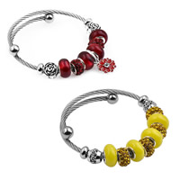 Stainless Steel European Cuff Bangle, with Rhinestone Clay Pave & Lampwork & Tibetan Style, plated, charm bracelet & adjustable & different styles for choice & for woman & enamel & with rhinestone, Inner Diameter:Approx 55mm, Sold By PC