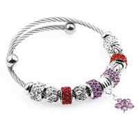 Stainless Steel European Cuff Bangle with Rhinestone Clay Pave & Zinc Alloy Flower plated charm bracelet & adjustable & for woman & with rhinestone Inner Approx 55mm Sold By PC