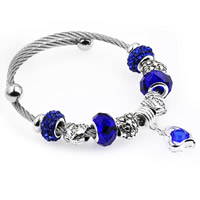 acier inoxydable Cuff Bracelet européenne, avec argile & cristal & alliage de zinc, coeur, Placage, bracelet à breloques & réglable & pour femme & facettes, couleur bleu foncé, Diamètre intérieur:Environ 55mm, Vendu par PC